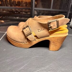 Calou Stockholm Suede Leather Clog Slingback Heels Tan Brown Size 38 (US Size 8)